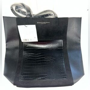 Donna Karan Cashmere Mist Faux Leather Suede Tote Shoulder Bag Croco Pocket NWT